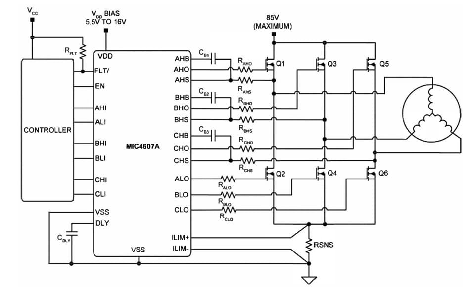 Applikations-Schaltungsdiagramm - Microchip Technology MIC4607A Dreiphasen-MOSFET-Treiber